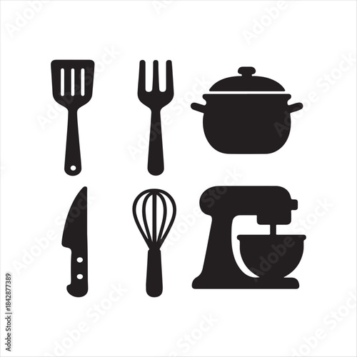Black kitchen utensils icons set for cooking and baking