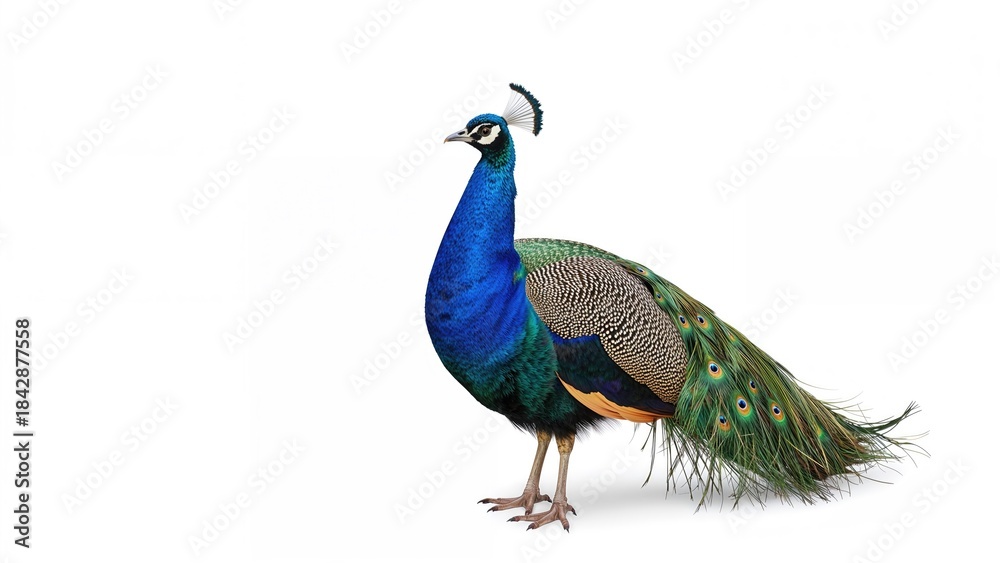 Fototapeta premium A peacock with vibrant blue and green feathers, displaying its colorful tail.
