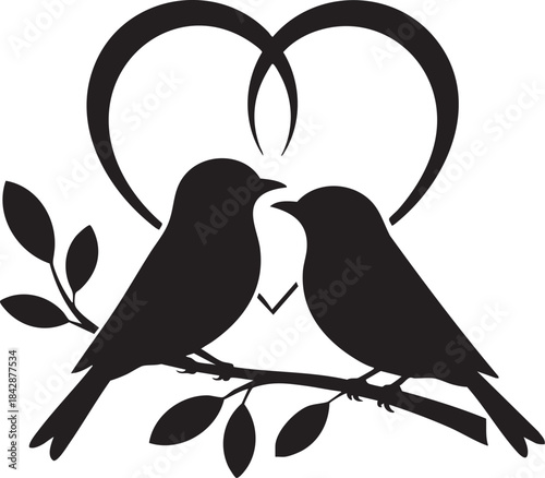 Black silhouette of two lovebirds perched on a branch under a heart shape