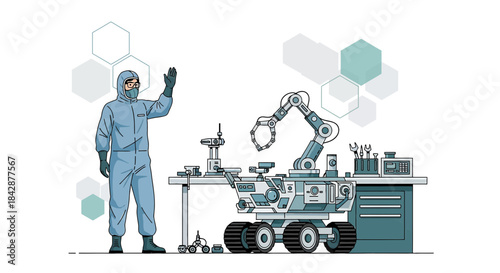 Laboratory researcher inspecting a rover prototype in a sterile environment setting