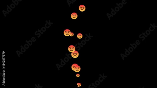 concept of internet rage and negative feedback. stream of angry emoticons for video editing. social media live stream negative reaction overlay. floating angry face emojis on black background.