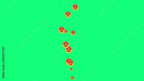 rising stream of furious facial expressions on green. digital expression of anger and frustration icons isolated. social media live stream negative reaction overlay chroma key.