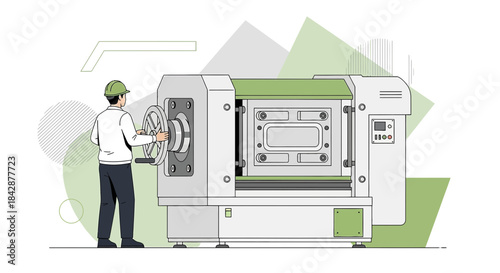 Man operating heavy machinery in manufacturing facility for industrial processes illustration