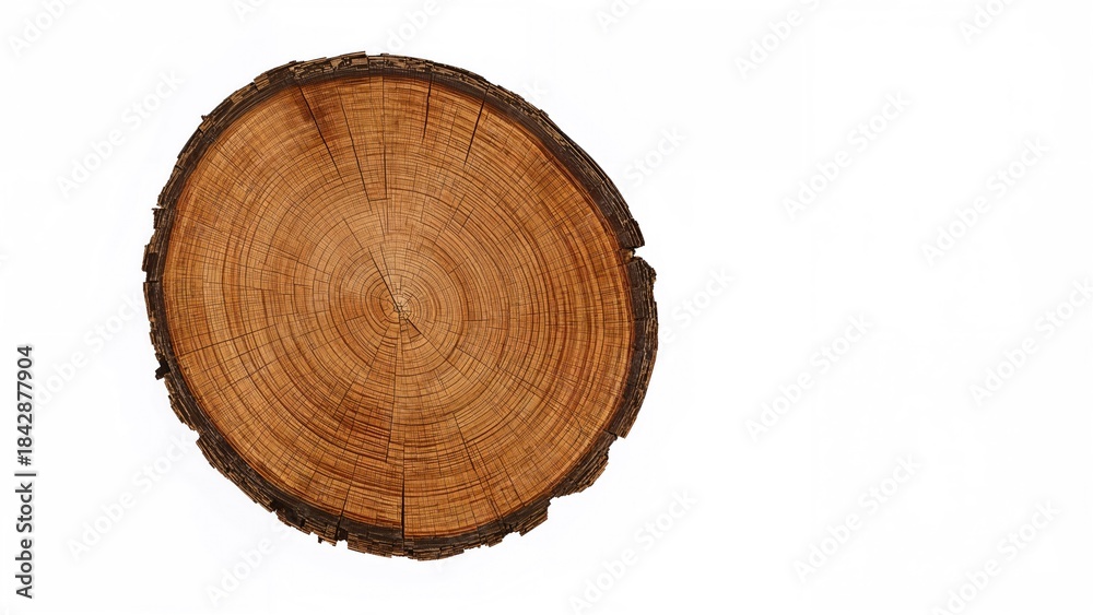Fototapeta premium A cross-section of a tree trunk showing growth rings and wood texture.