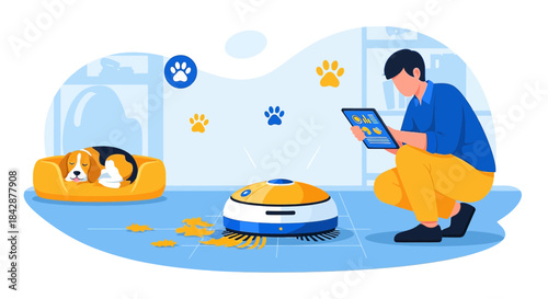 Modern home cleaning convenience robotic vacuum efficiency controlled by tablet technology