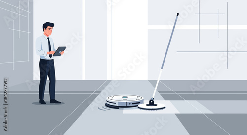 Modern home cleaning illustration showcasing an elegant man controlling smart technology devices