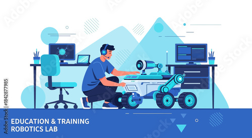 Modern illustration depicting a robotics engineer working in a tech lab environment developing