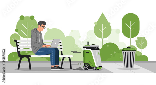 Modern park scene featuring a man working on a laptop with a cleaning robot nearby