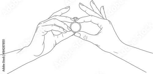 Hands delicately holding a diamond ring in a minimalist black and white drawing