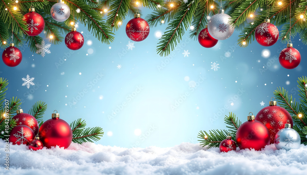 Naklejka premium Winter Holiday Posters or banners design in modern realistic style with fir branches, gift boxes, christmas tree toys deer and stars