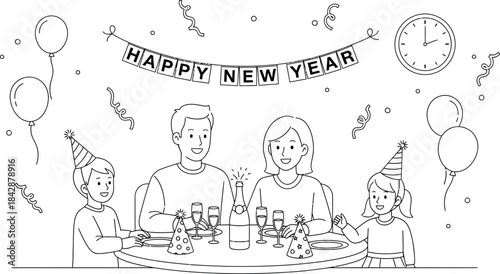 Family celebrating new year's eve with champagne and party hats at the table