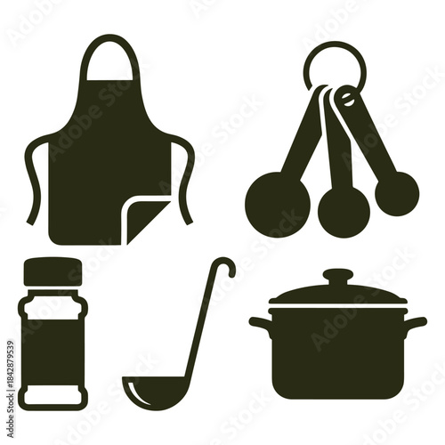 Kitchen tools vector illustration with apron, measuring spoons, pot, ladle