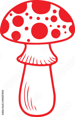 Detailed botanical drawing of red mushroom. mushroom color pencil drawing isolated. Comic mushroom icon.