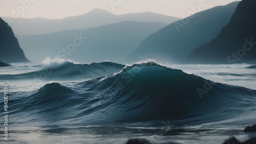 Ocean's Embrace: Witness the raw power and beauty of the ocean as waves roll towards the shore, under a misty mountain backdrop. A serene seascape, capturing the vastness and tranquility of the ocean.
