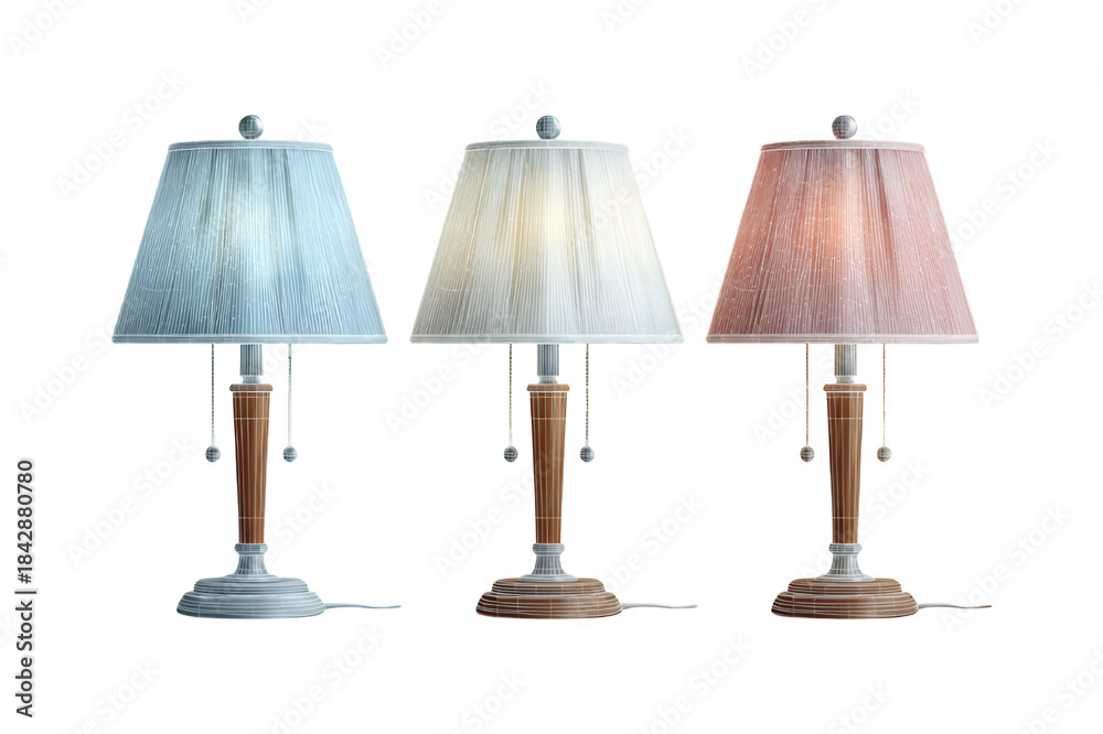 Obraz premium Illustration of three table lamps with different colored shades on transparent background
