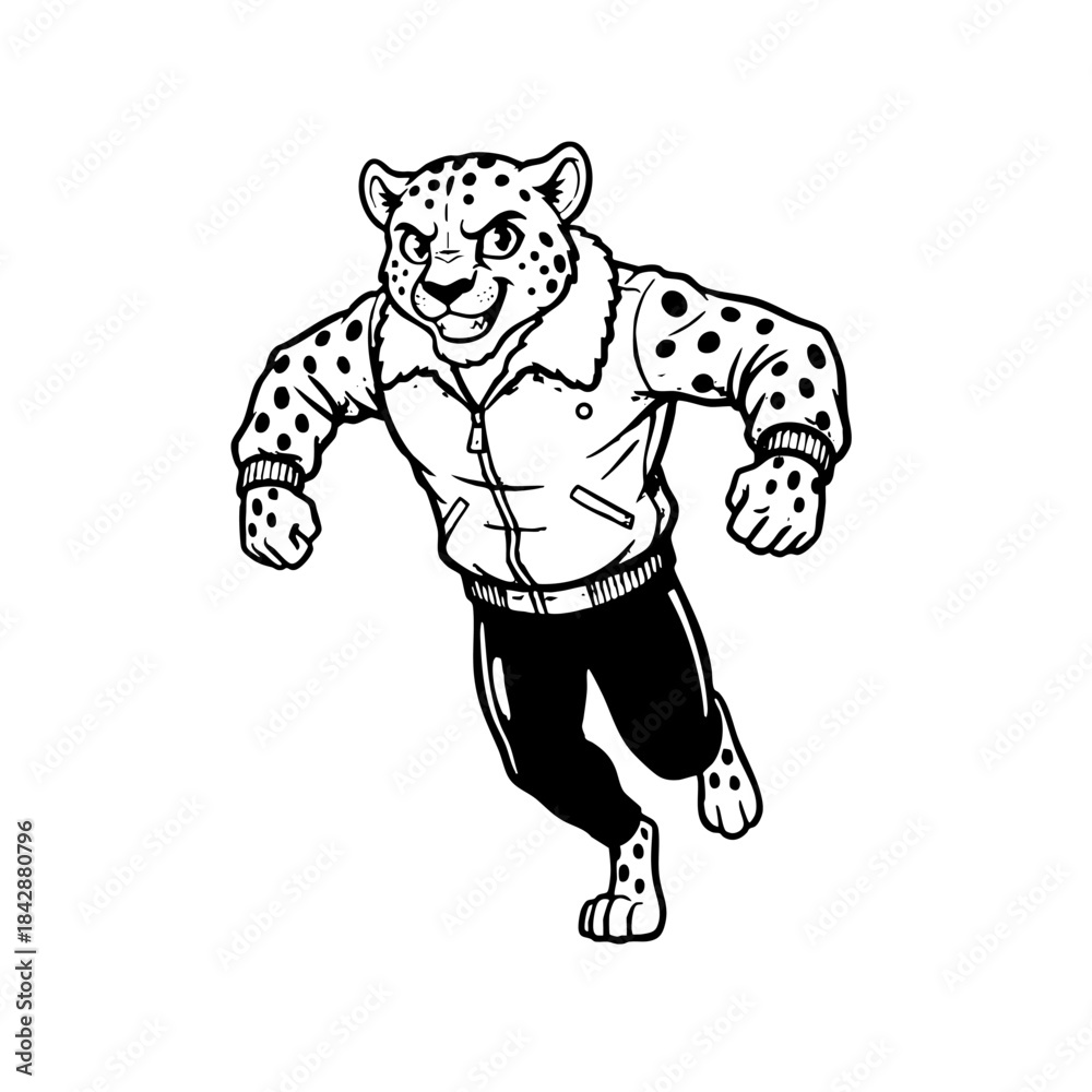 Fototapeta premium Black and white spotted leopard running mascot design.