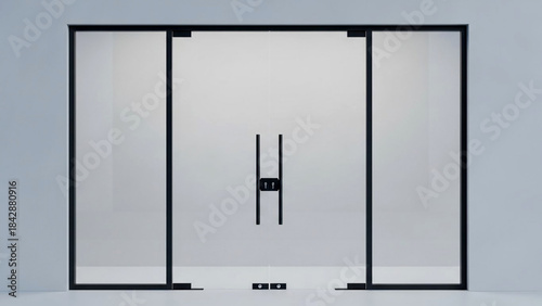 Minimalist modern office entrance featuring frosted glass double doors with sleek black hardware set against a light gray wall background