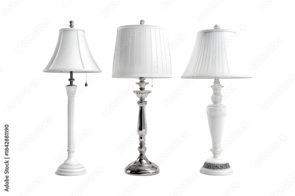 Obraz premium Illustration of three different white table lamps with various shades on transparent background