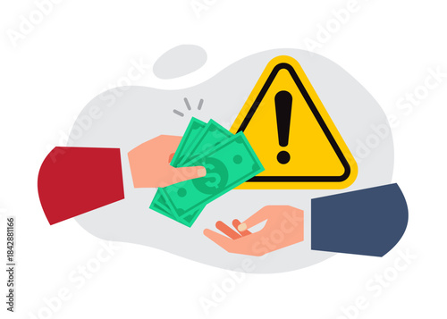 Business bribe with money and warning sign stock illustration.