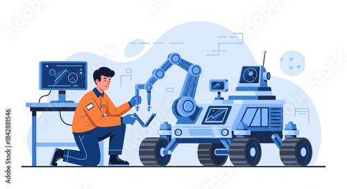Engineering concept of planetary rover maintenance performed by a specialized technician to ensure