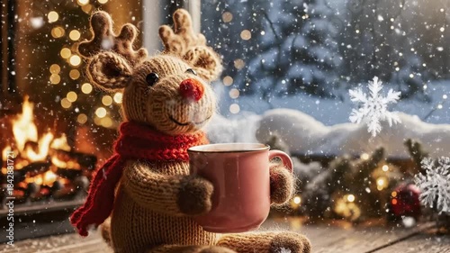 A knitted reindeer beside a cozy fireplace, sipping from a mug as snow falls outside.. cozy glow now