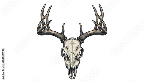 Vintage Engraved Deer Skull with Antlers Vector Illustration.