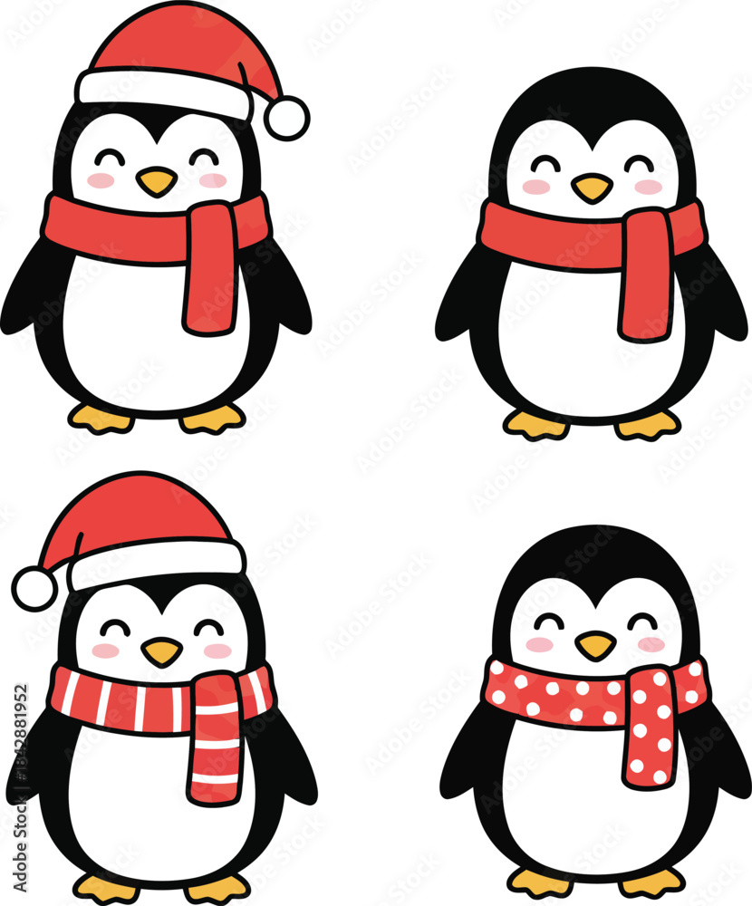 Fototapeta premium set of penguin vector, christmas santa claus hat icon, cartoon penguin vector illustration