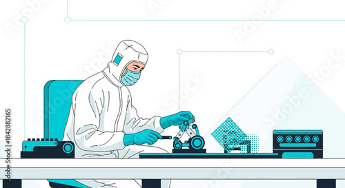 Focused researcher in clean suit conducting meticulous laboratory analysis precisely and diligently