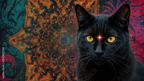 Black cat with glowing eyes and a magic or mystical symbol on its forehead, against a colorful abstract background.