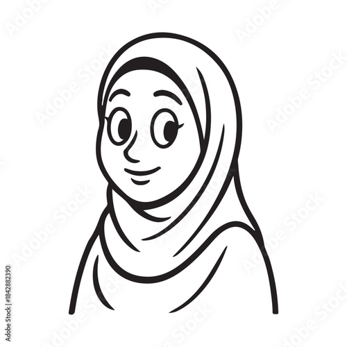 Smiling cartoon portrait of a Muslim woman gracefully wearing a hijab