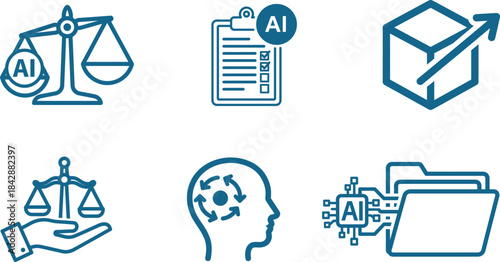 Artificial intelligence concept outline icons depicting AI ethics regulation data processing
