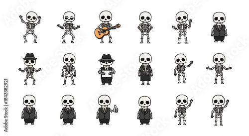 Collection of Cartoon Skeletons in Various Poses and Outfits.