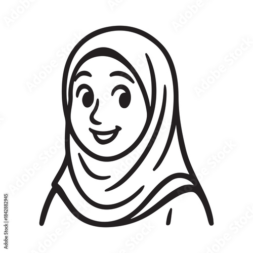 Smiling Muslim Woman Wearing Hijab Beautifully Drawn Line Art Style