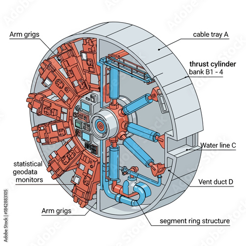 A detailed diagram of a tunnel boring machine's internal components and structure.