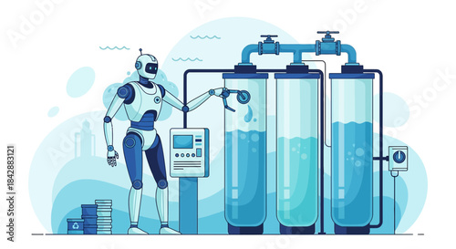 Futuristic Automated Water Purification System with Robot Overseer for Sustainability
