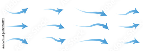 Blue air flow arrows showing wind circulation and ventilation. Abstract wavy arrow line design with smooth flowing.  air flow concept with neon wind arrows and temperature contrast. 