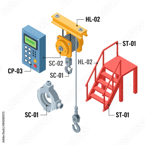 Isometric illustration of various industrial equipment components including a hoist, control panel, clamp, and stairs with labels.
