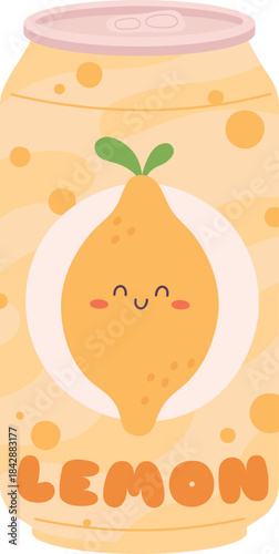 A cartoon can of lemonade with a smiling lemon on the label