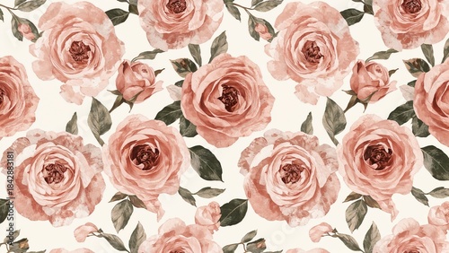 Pink roses pattern with leaves, vintage floral design. Romantic and delicate botanical illustration. Seamless repeat of watercolor flower motif.
