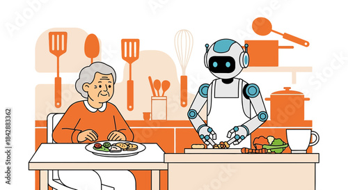 Futuristic care: A robot preparing a meal for an elderly woman in a modern kitchen scenario