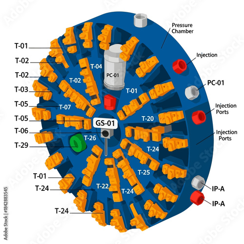 Detailed diagram of a tunnel boring machine cutter head with various labeled cutting tools and injection ports.