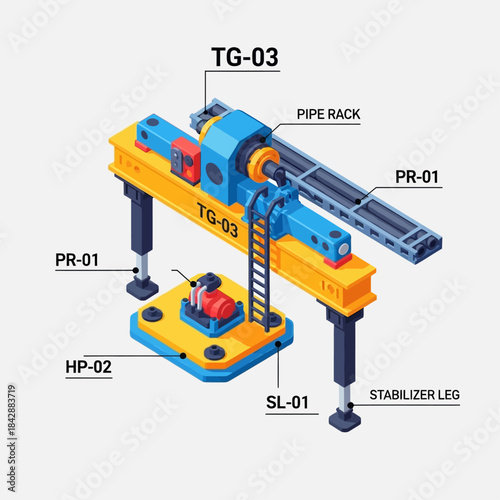 Isometric illustration of a heavy-duty industrial drilling rig with labeled components like pipe rack, stabilizer legs, and hydraulic pump.