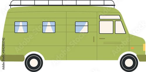 A green van with a roof rack