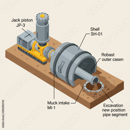Isometric diagram of a pipe jacking machine demonstrating underground pipe installation, featuring components like jack piston, shell, and muck intake.