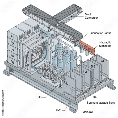 Detailed diagram of an industrial machine with muck conveyor, lubrication tanks, hydraulic manifolds, and segment storage bays.