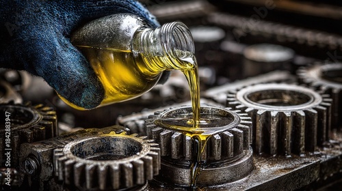 Close-up of a gloved hand pouring oil from a glass bottle onto a metal gear. The golden oil glistens as it lubricates the intricate teeth, symbolizing maintenance and smooth operation.