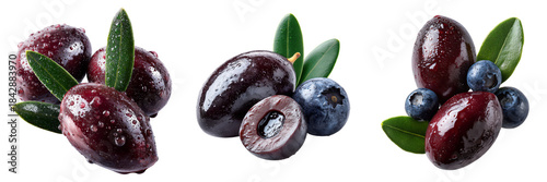 Set of A collection of whole and halved olives transparent png background. Ai generated