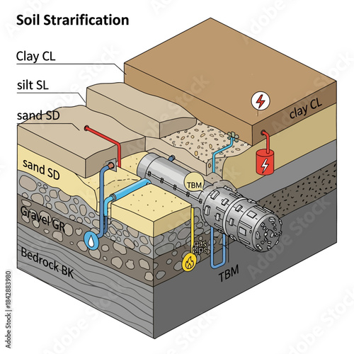 Detailed illustration of soil stratification showing a Tunnel Boring Machine (TBM) excavating through various geological layers, alongside underground utility installations.