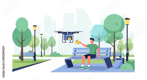 Futuristic delivery concept illustrating drone carrying package to recipient in the park with