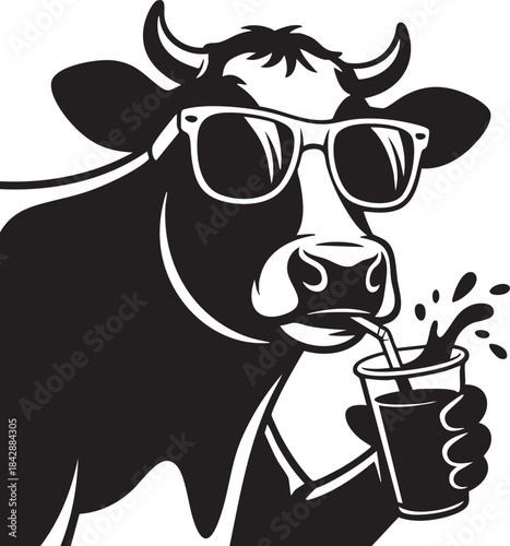 Black and white cool cow wearing sunglasses drinking from a cup